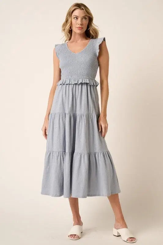 Dusty Blue Ruffled Midi Dress - Midi Dresses