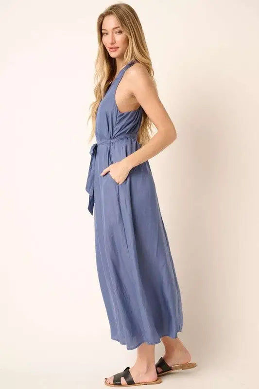 Mittoshop Cross Back Belted V Neck Tank Maxi Dress - Eclectage
