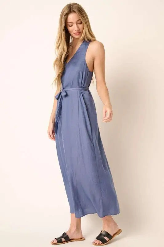 Mittoshop Cross Back Belted V Neck Tank Maxi Dress - Eclectage