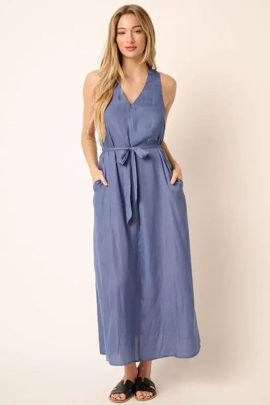 Mittoshop Cross Back Belted V Neck Tank Maxi Dress - Eclectage