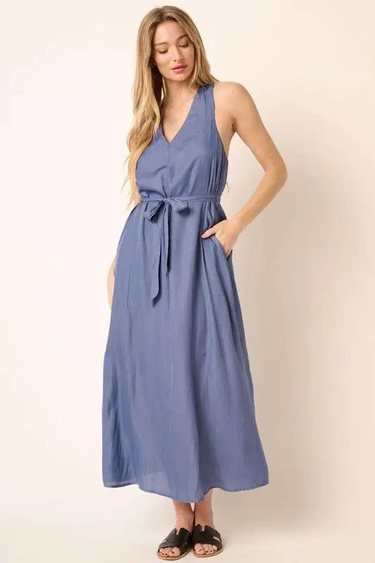 Mittoshop Cross Back Belted V Neck Tank Maxi Dress - Eclectage