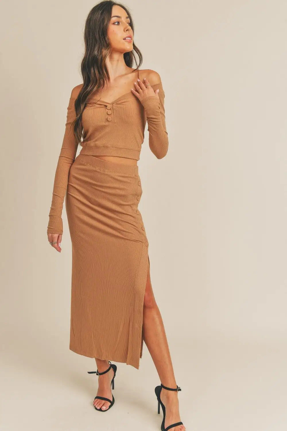 Dusty Brown Midi Skirt Set - Skirt Sets