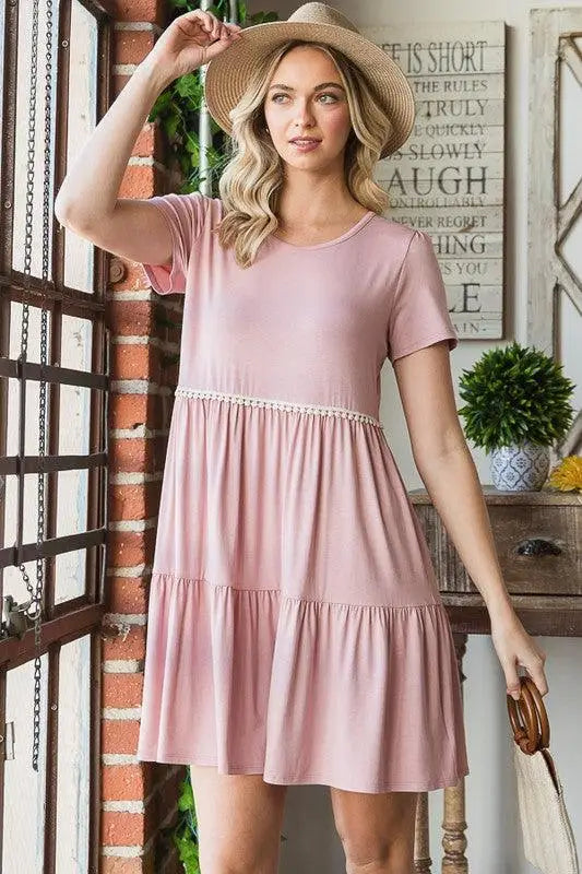 Dusty Rose Mini Tiered Dress with Pompoms