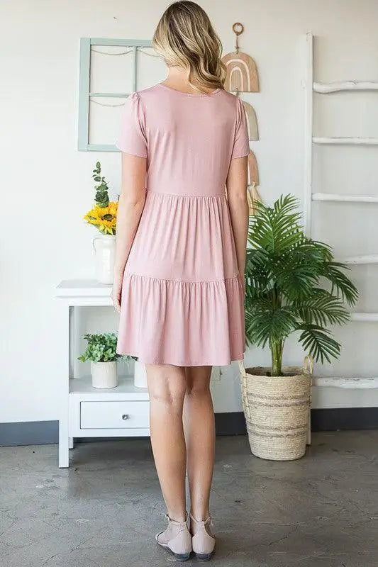 Dusty Rose Mini Tiered Dress with Pompoms