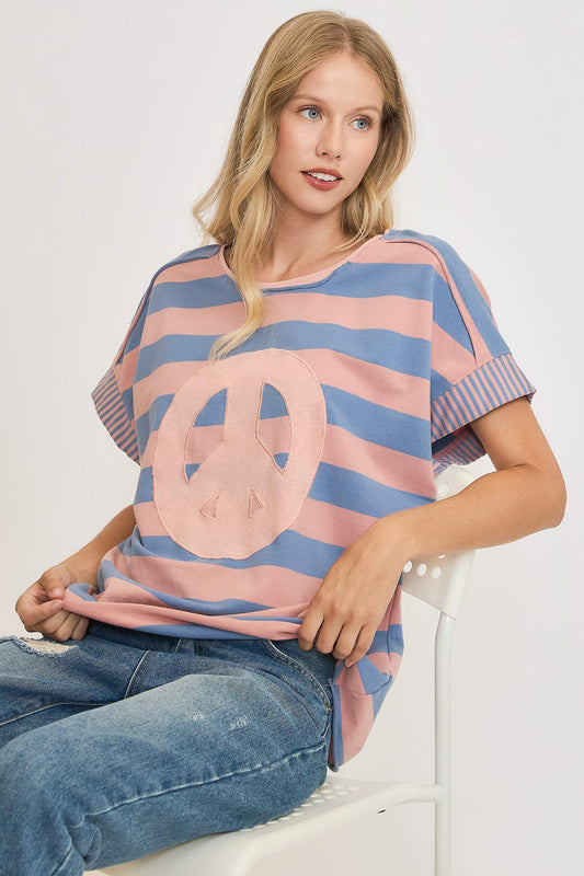 Peace Sign Patch Striped French Terry T-Shirt - Eclectage