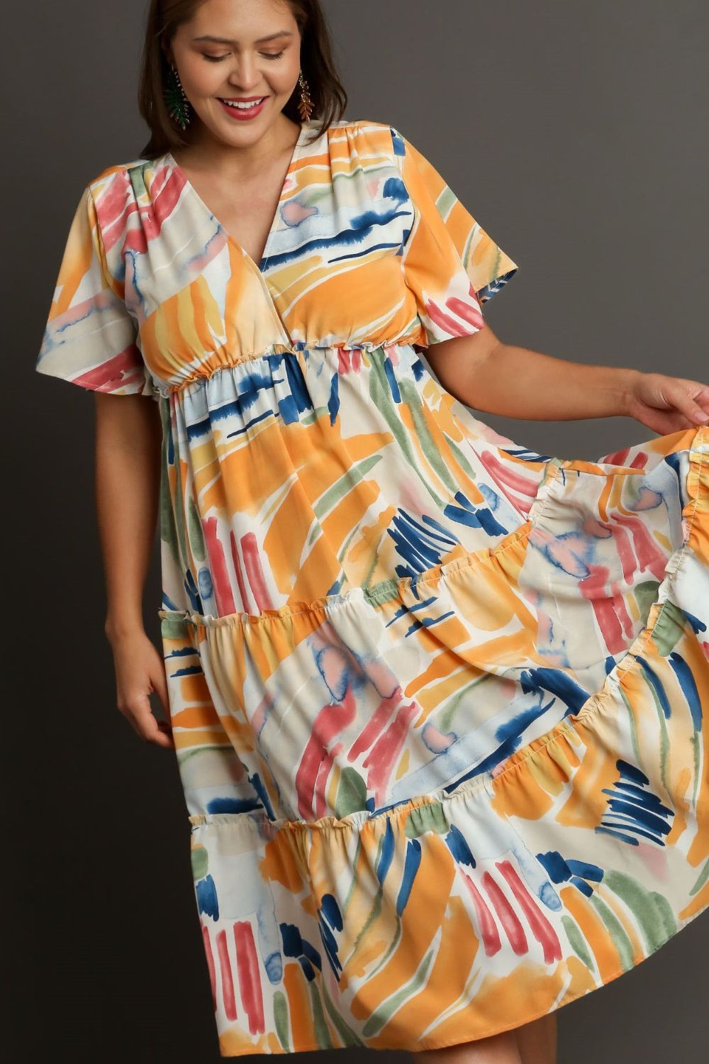 Abstract Print Frill Tiered Midi Dress - Eclectage