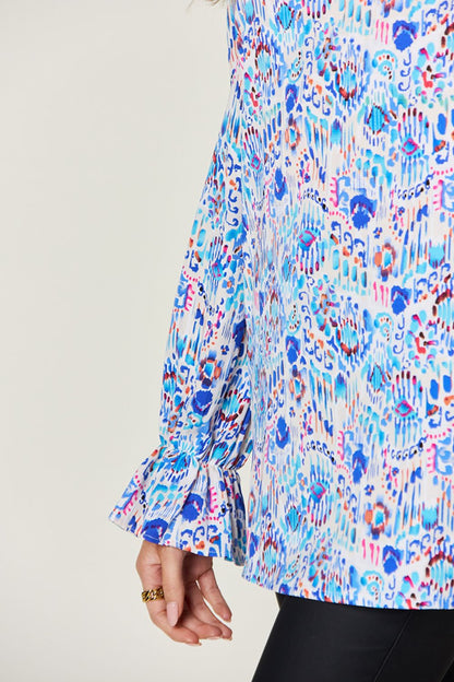 Long Sleeve Printed Flounce Sleeve Blouse - Eclectage