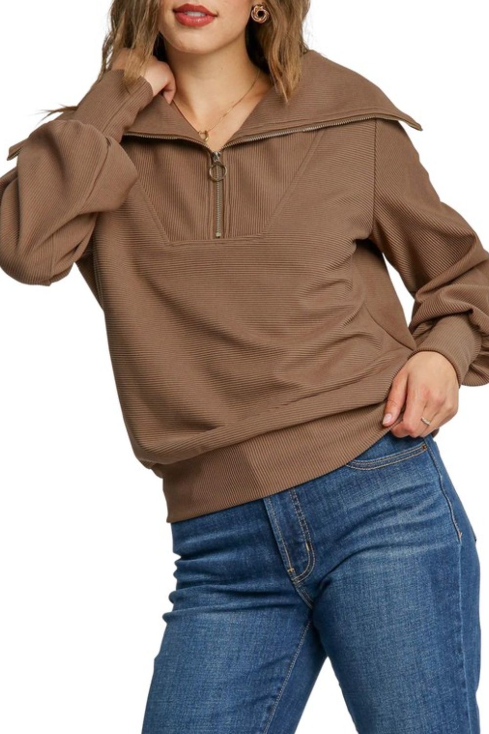 Brown Ribbed Knit Sweatshirt - Eclectage