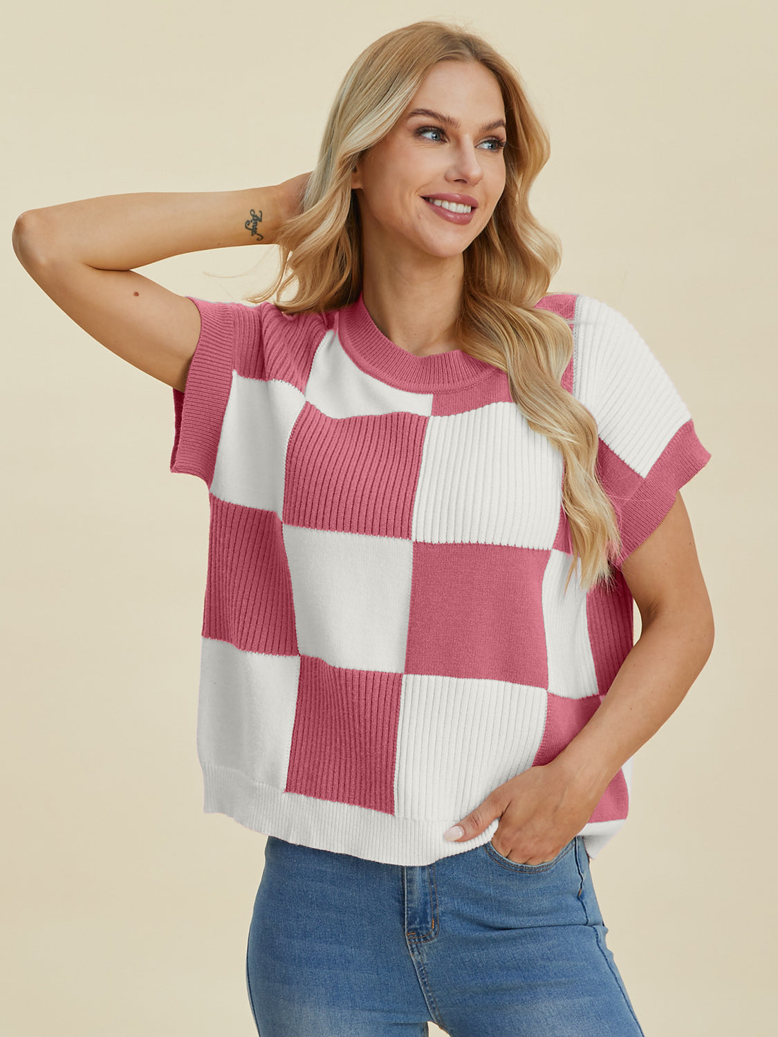 Double Take Full Size Checkered Round Neck Short Sleeve Sweater - Eclectage