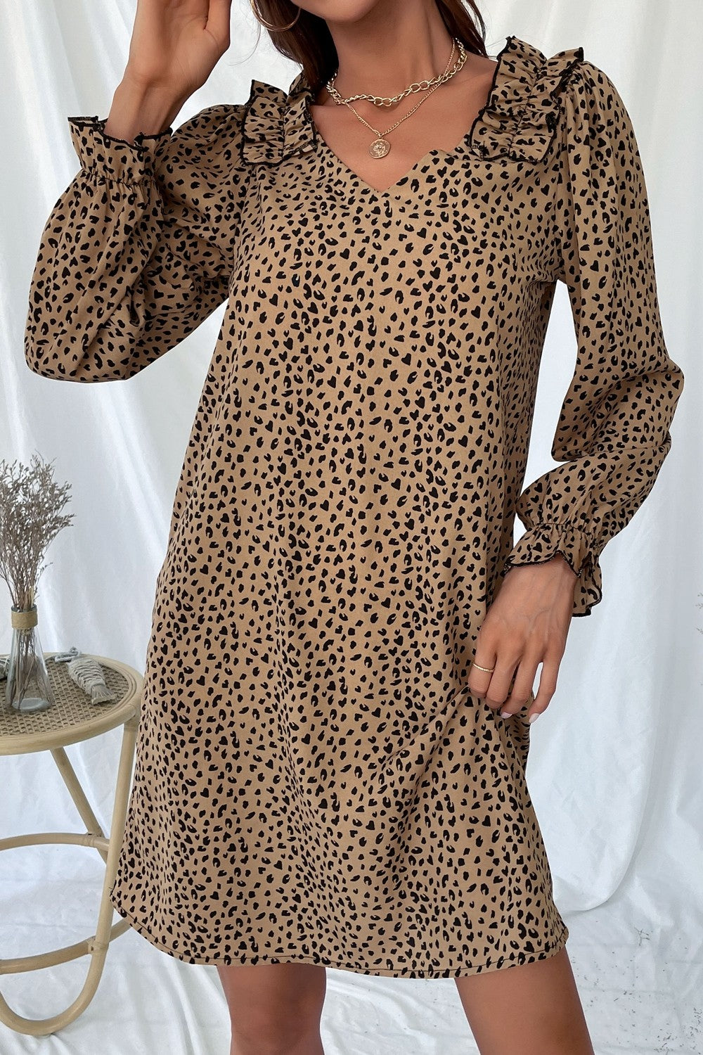 Khaki Leopard Frill Trim V-Neck Dress