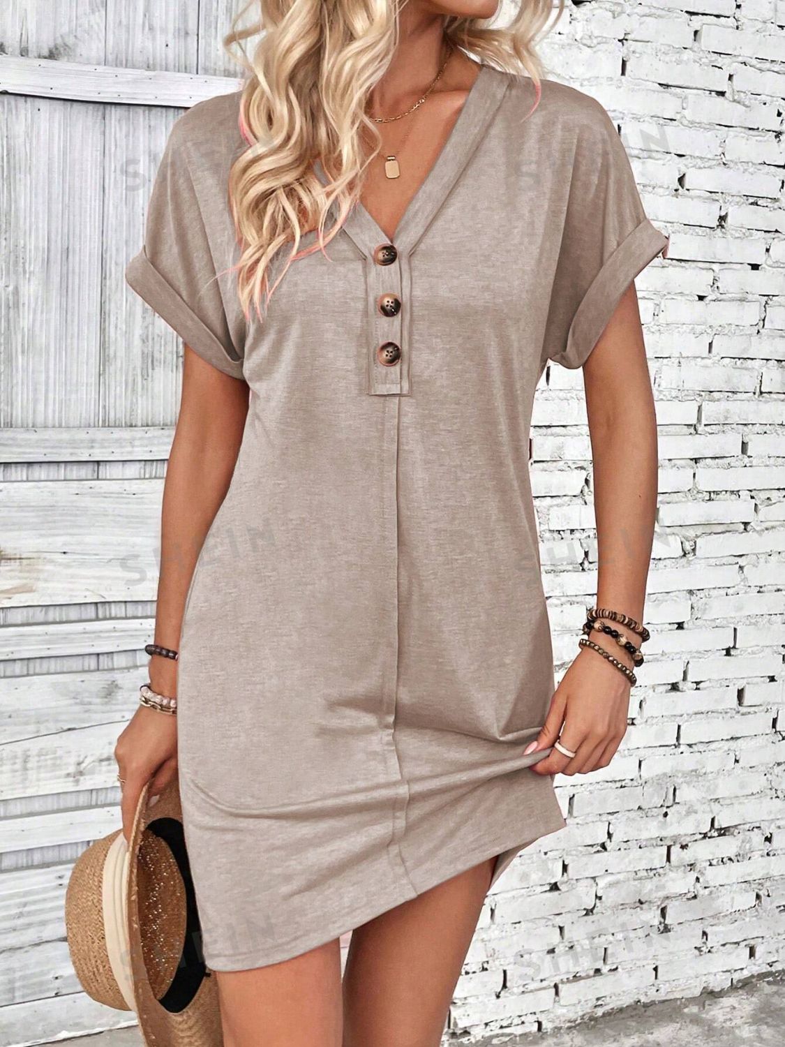 Quarter Button V-Neck Short Sleeve Dress - Eclectage