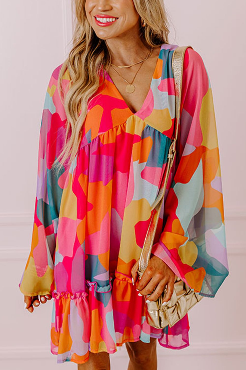 Ruffle Hem Color Block Long Sleeve Dress