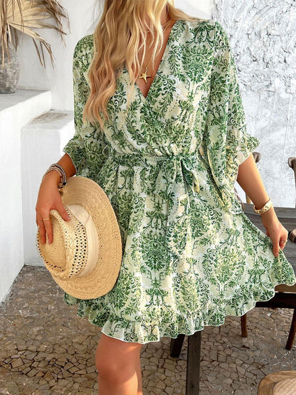 Printed Surplice Ruffled 3/4 Sleeve Mini Dress - Eclectage