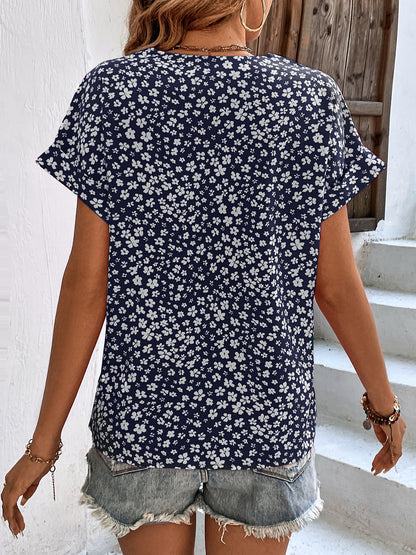 Floral V-Neck Short Sleeve Blouse - Eclectage