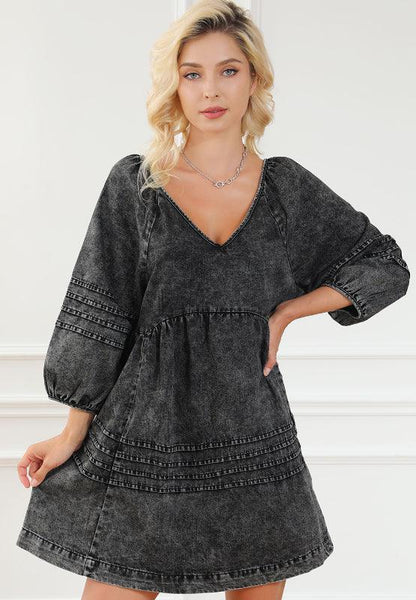 V-Neck Three Quarter Sleeve Denim Dress - Eclectage