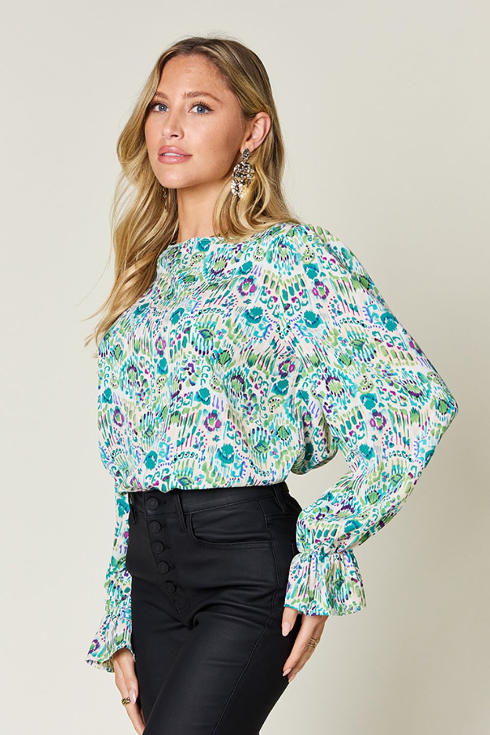 Long Sleeve Printed Flounce Sleeve Blouse - Eclectage