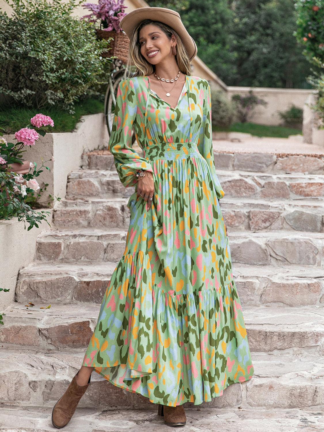 Green Printed Tie Neck Long Sleeve Maxi Dress - Eclectage