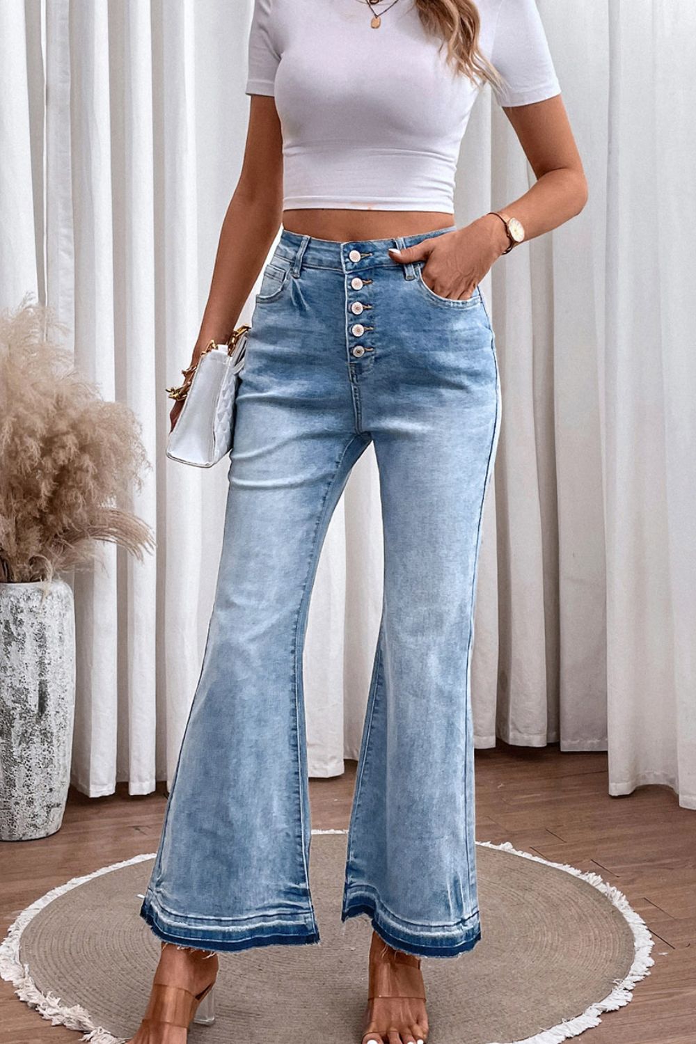 High Waist Button Fly Flared Jeans - Eclectage