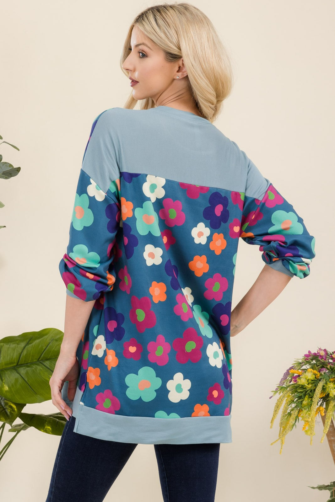 Celeste Full Size Side Slit Flower Print Long Sleeve Top - Eclectage