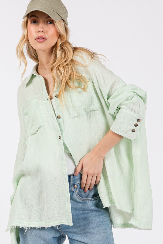 SAGE + FIG Frayed Hem Side Slit Button Down Shirt - Eclectage