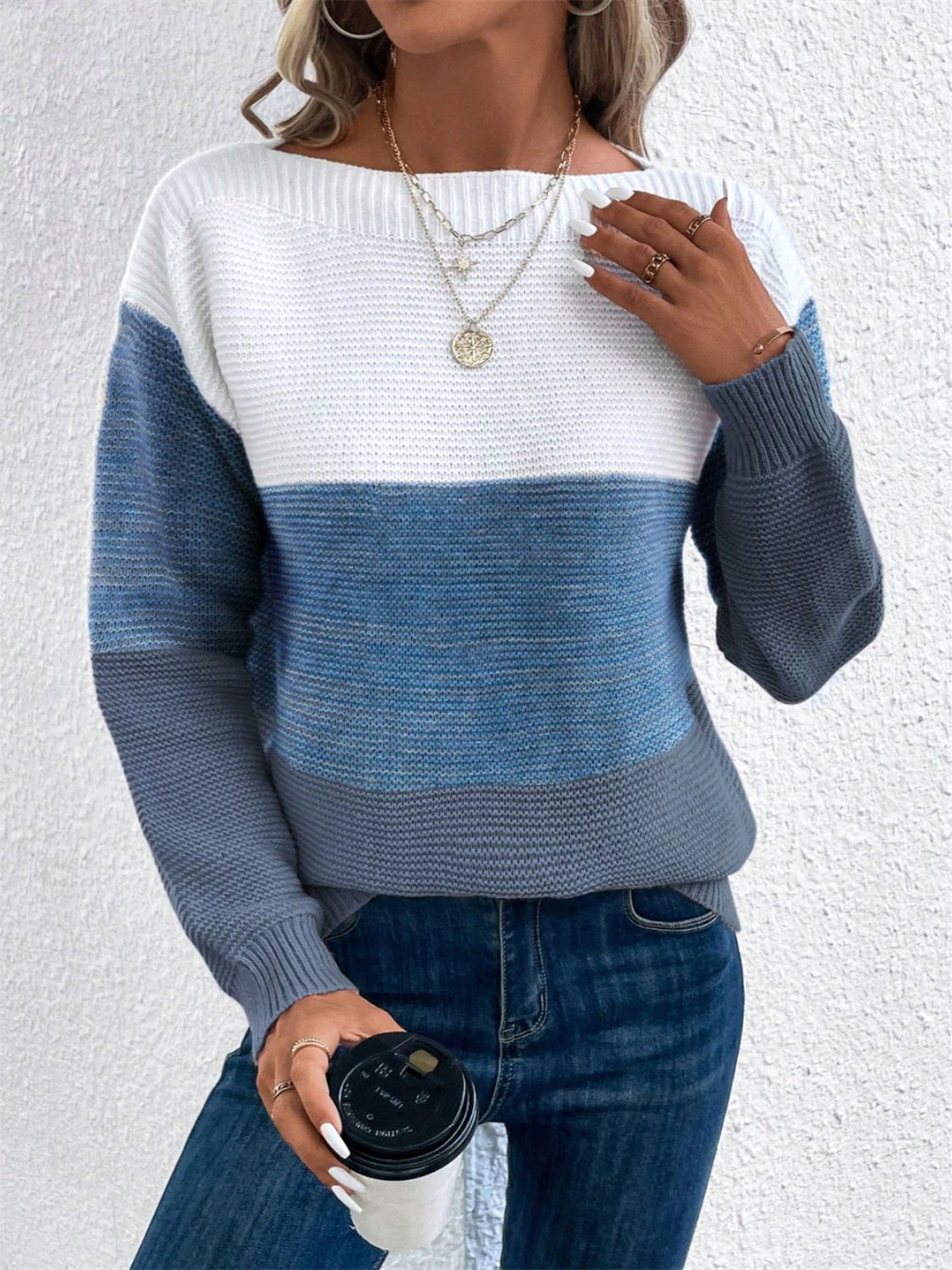 Color Block Drop Shoulder Long Sleeve Sweater - Eclectage