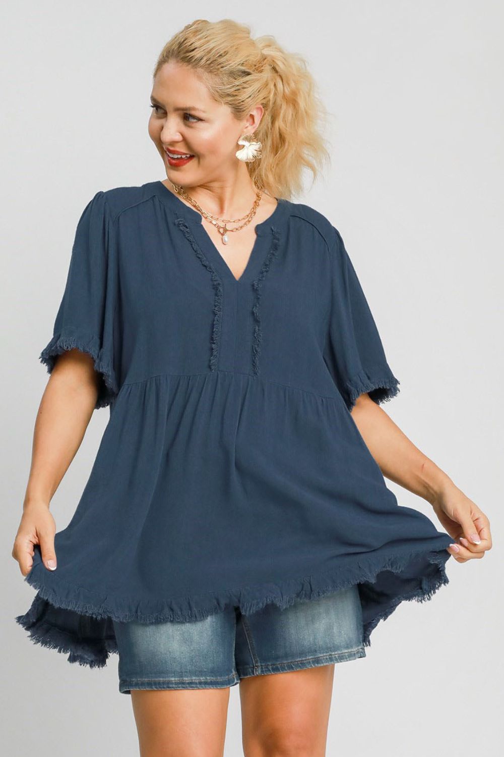 Umgee Full Size Raw Hem Notched Babydoll Linen Blouse Plus Size - Eclectage