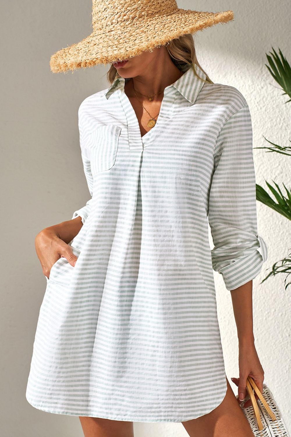 Striped Johnny Collar Long Sleeve Mini Shirt Dress - Eclectage