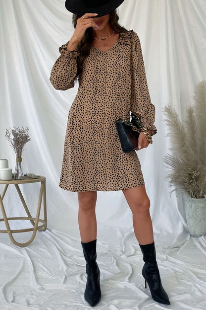 Khaki Leopard Frill Trim V-Neck Dress