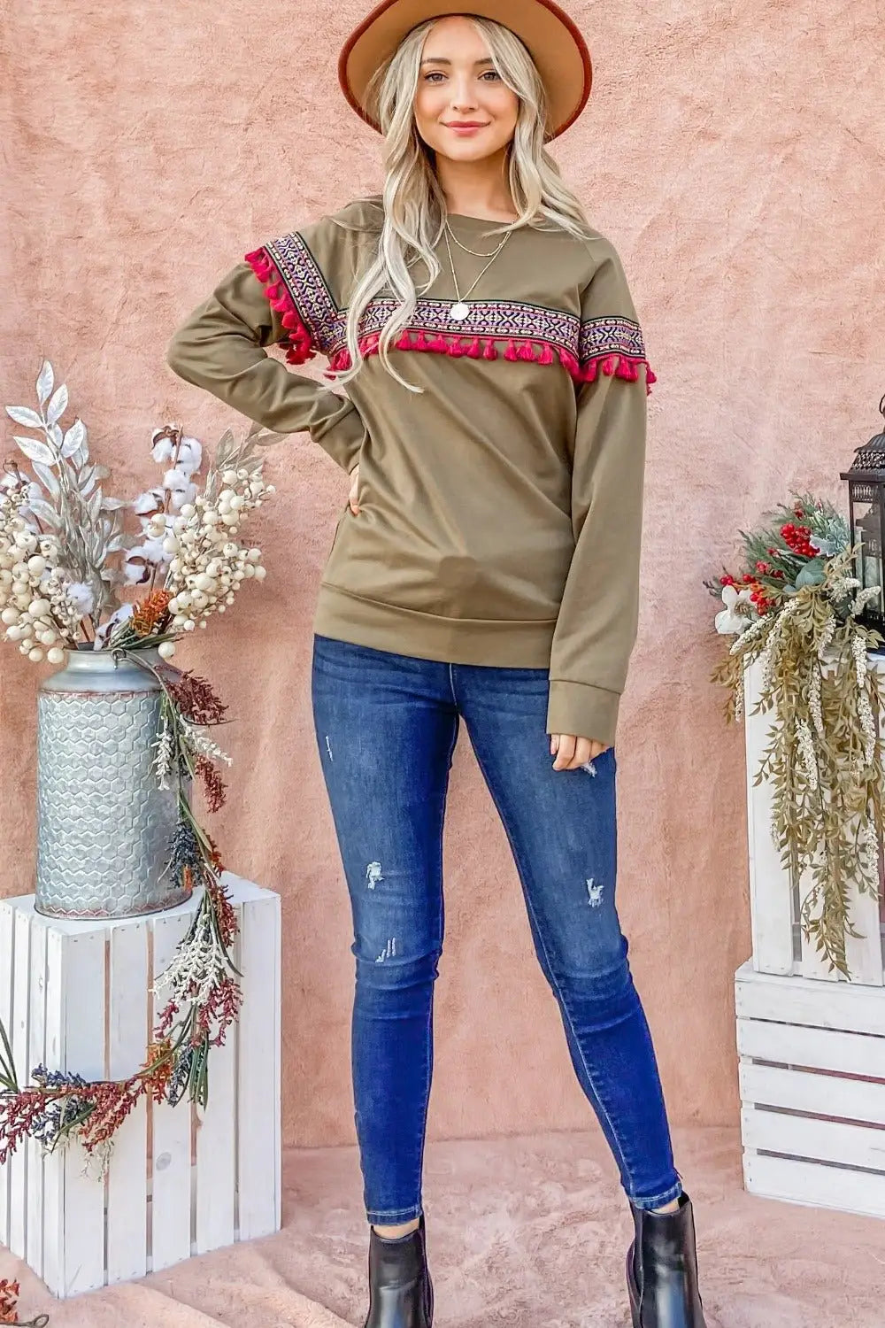 Ethnic Ribbon Tassel Olive Color Top - Tops