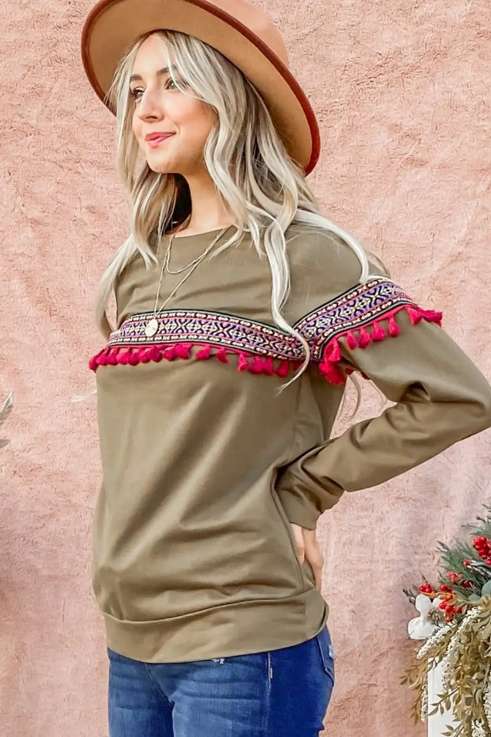 Ethnic Ribbon Tassel Olive Color Top - Tops