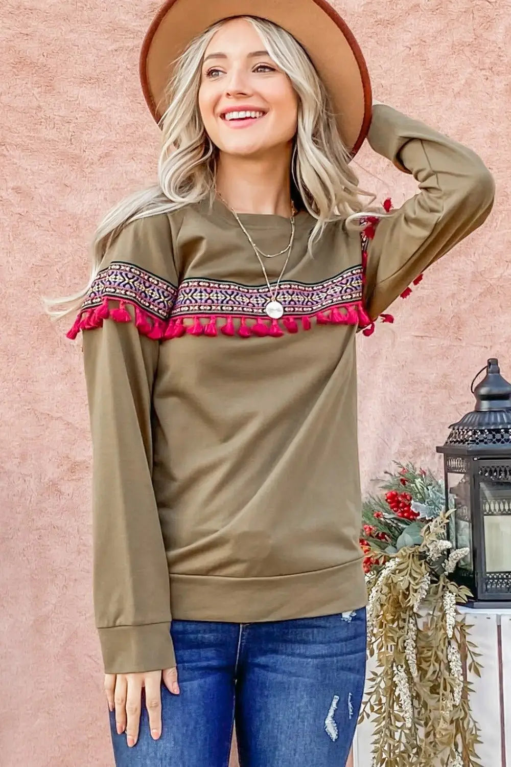 Ethnic Ribbon Tassel Olive Color Top - Tops