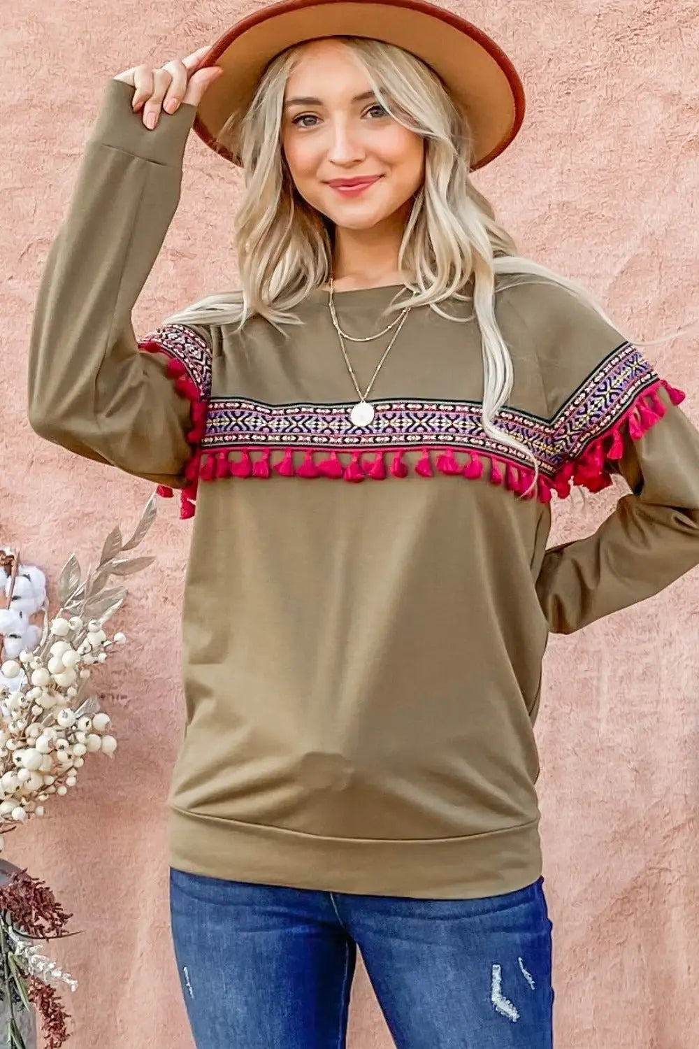 Ethnic Ribbon Tassel Olive Color Top - Tops