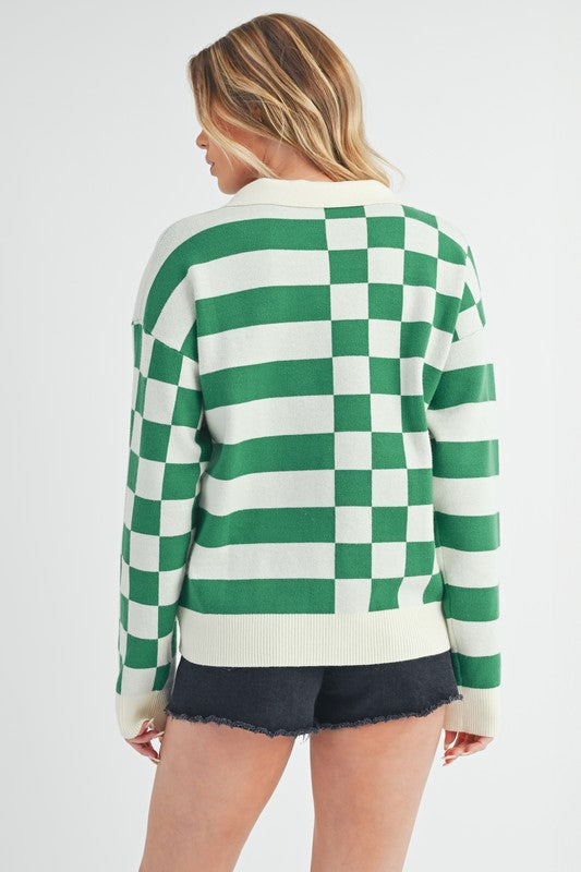 Green Striped & Checkered Drop Shoulder Sweater - Eclectage