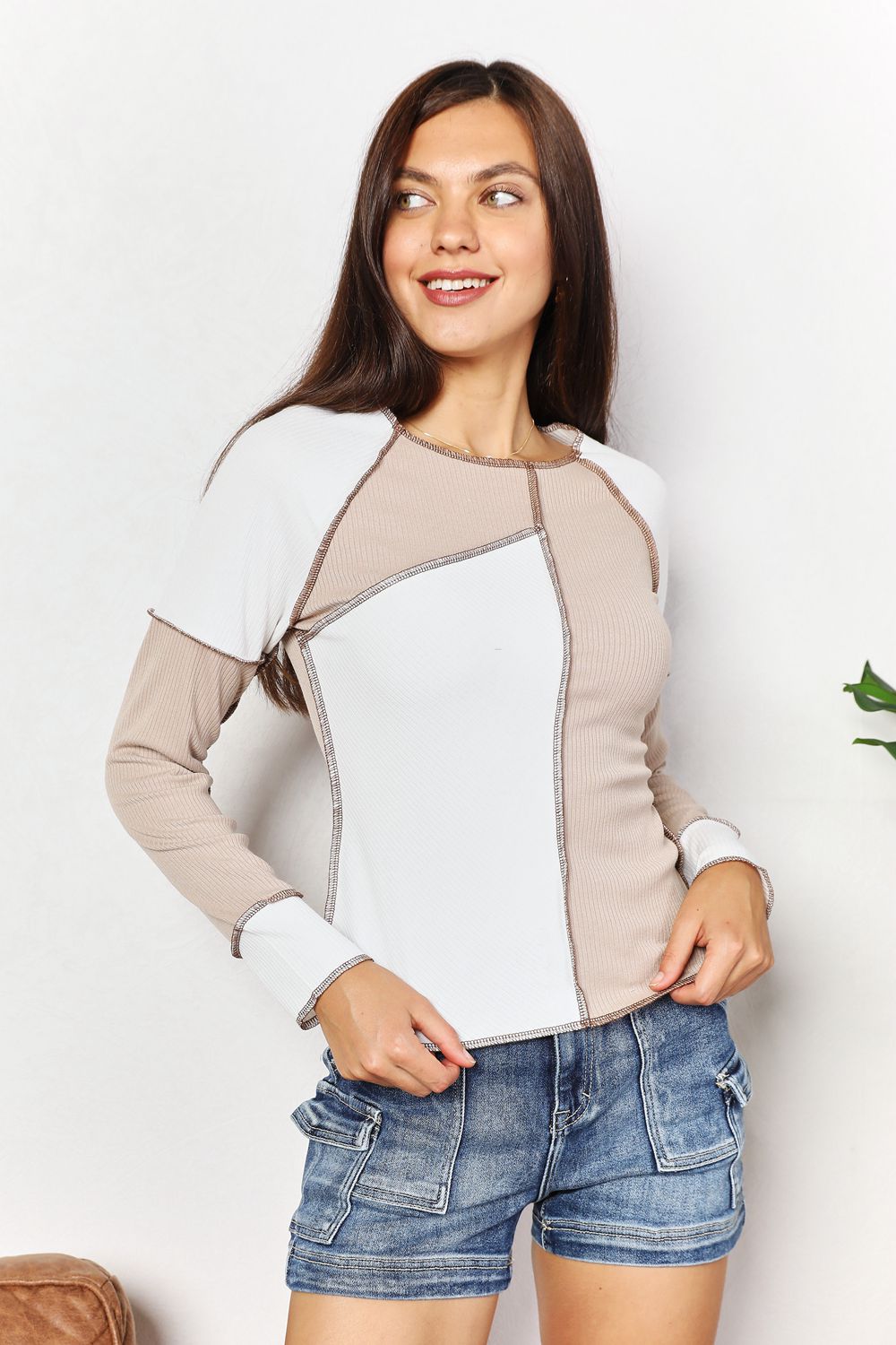 Long Sleeve Color Block Exposed Seam Top - Eclectage