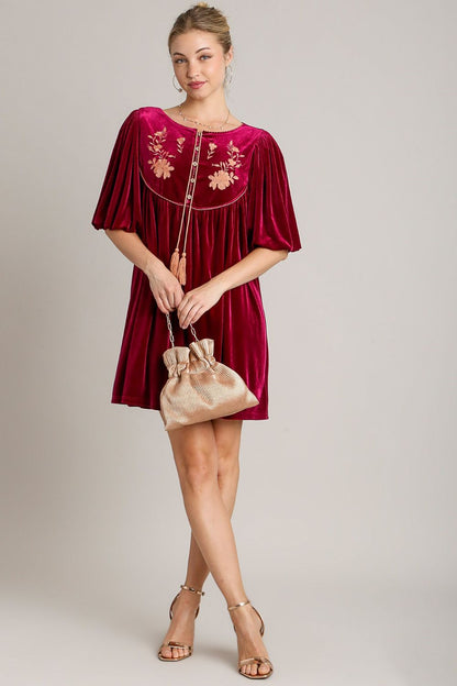 Embroidered Velvet Mini Dress with Tassel