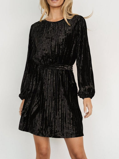 Velvet Tie Waist Long Sleeve Mini Dress