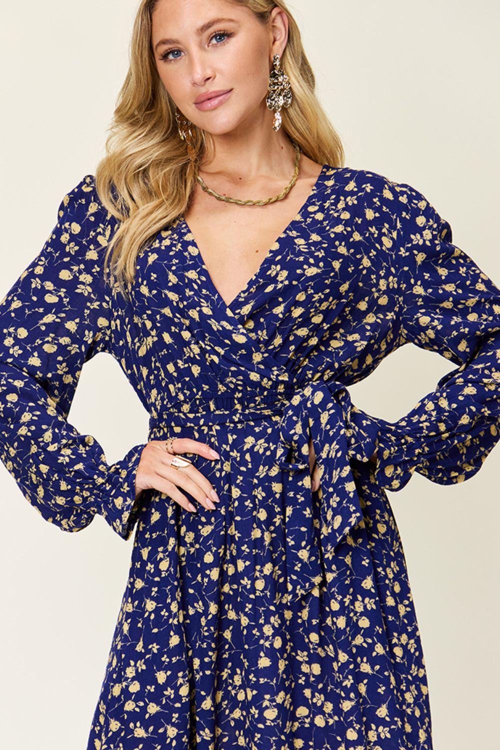 Dark Blue Floral Wrap Dress - Eclectage