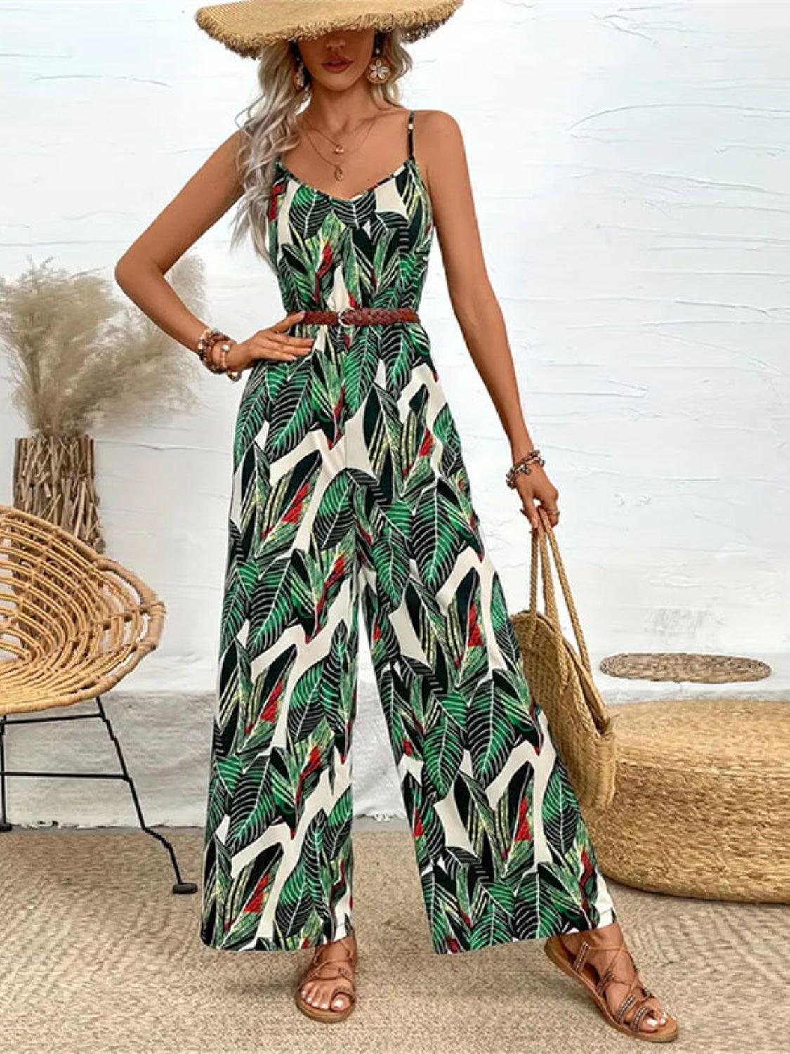 Tropical Print Spaghetti Strap Wide Leg Jumpsuit - Eclectage