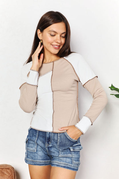 Long Sleeve Color Block Exposed Seam Top - Eclectage