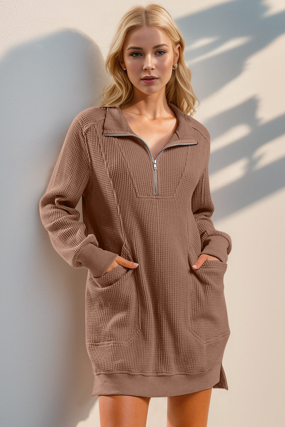 Waffle Long Sleeve Mini Dress - Eclectage