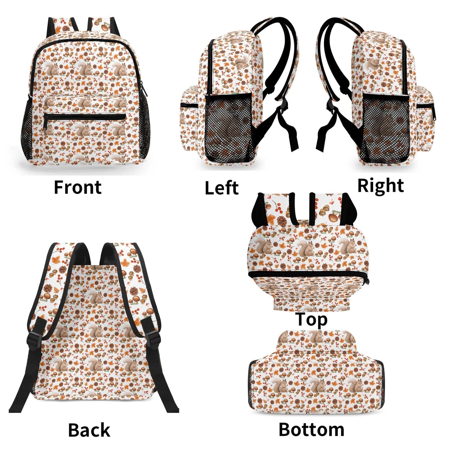 Fall Squirrels 11Backpack Naturecore Daypack Twill Polyester Back Pack Purse Shoulder Bag with Mesh Pockets and Front