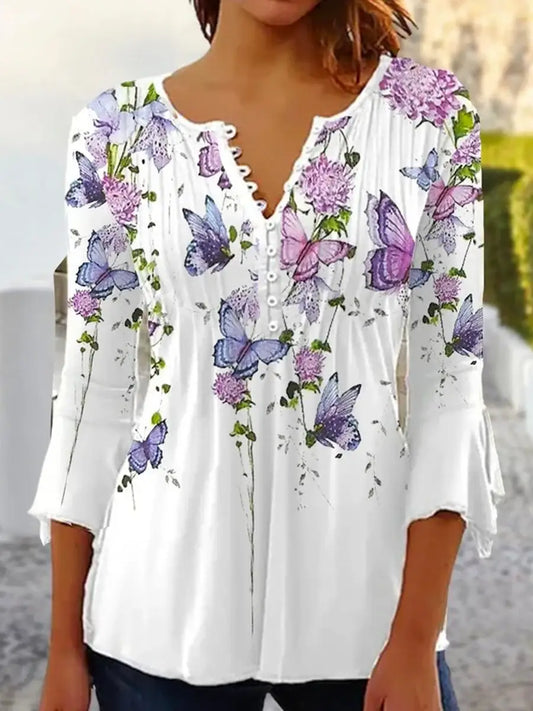 Purple and White Butterfly Floral Blouse - Eclectage