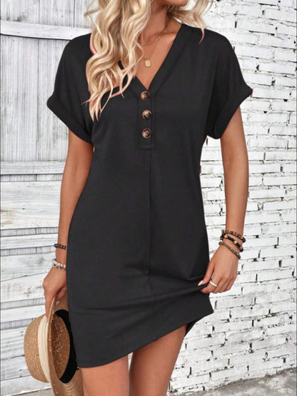 Quarter Button V-Neck Short Sleeve Dress - Eclectage