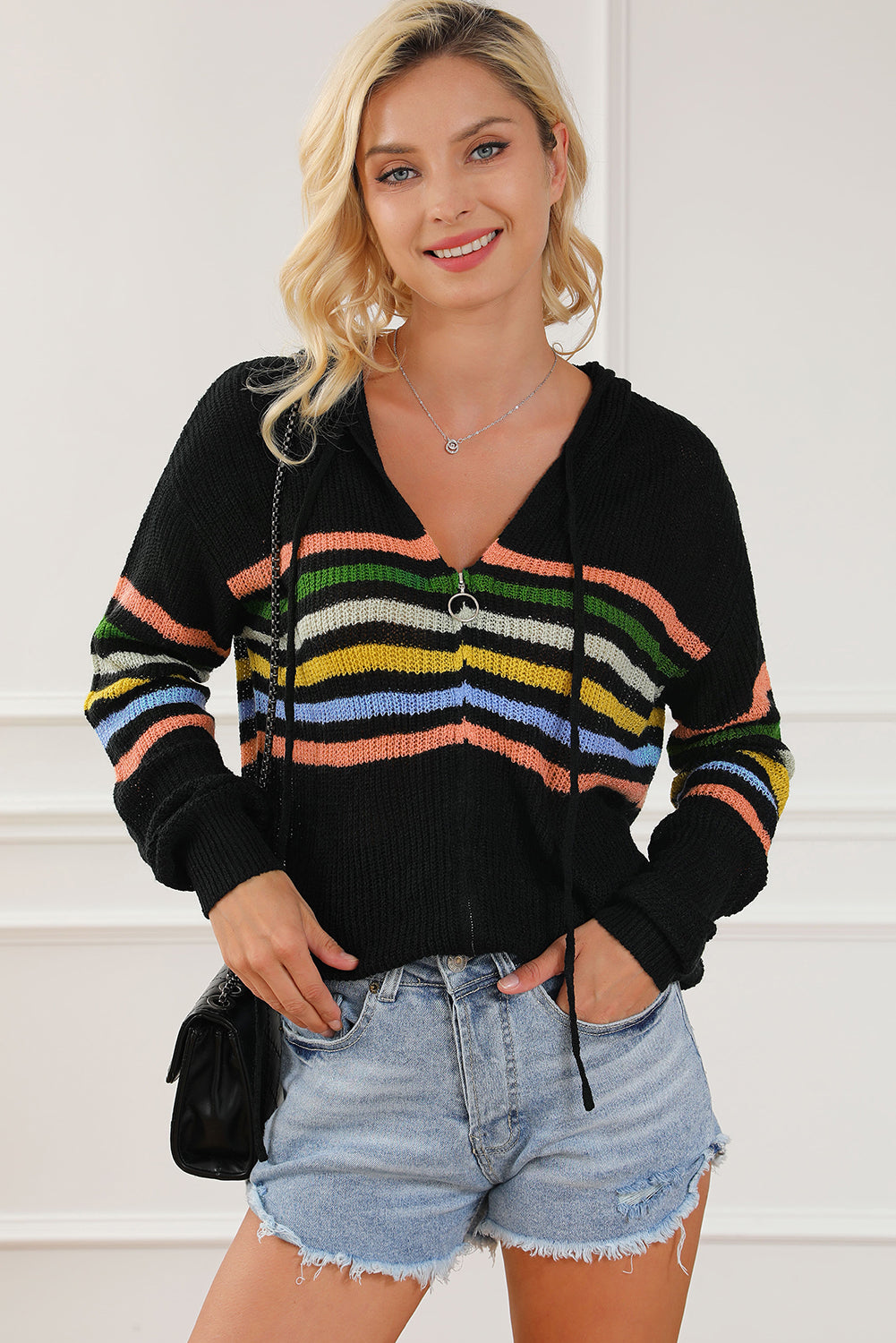 Black Striped Zip Up Hooded Cardigan - Eclectage