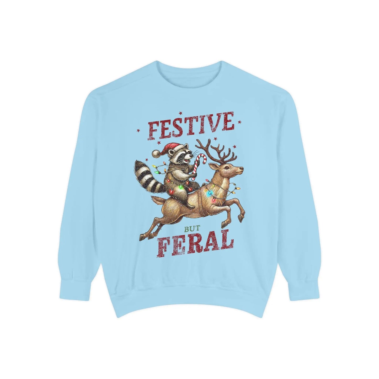 Festive But Feral Christmas Raccoon Sweatshirt Chambray / S Sweatshirts