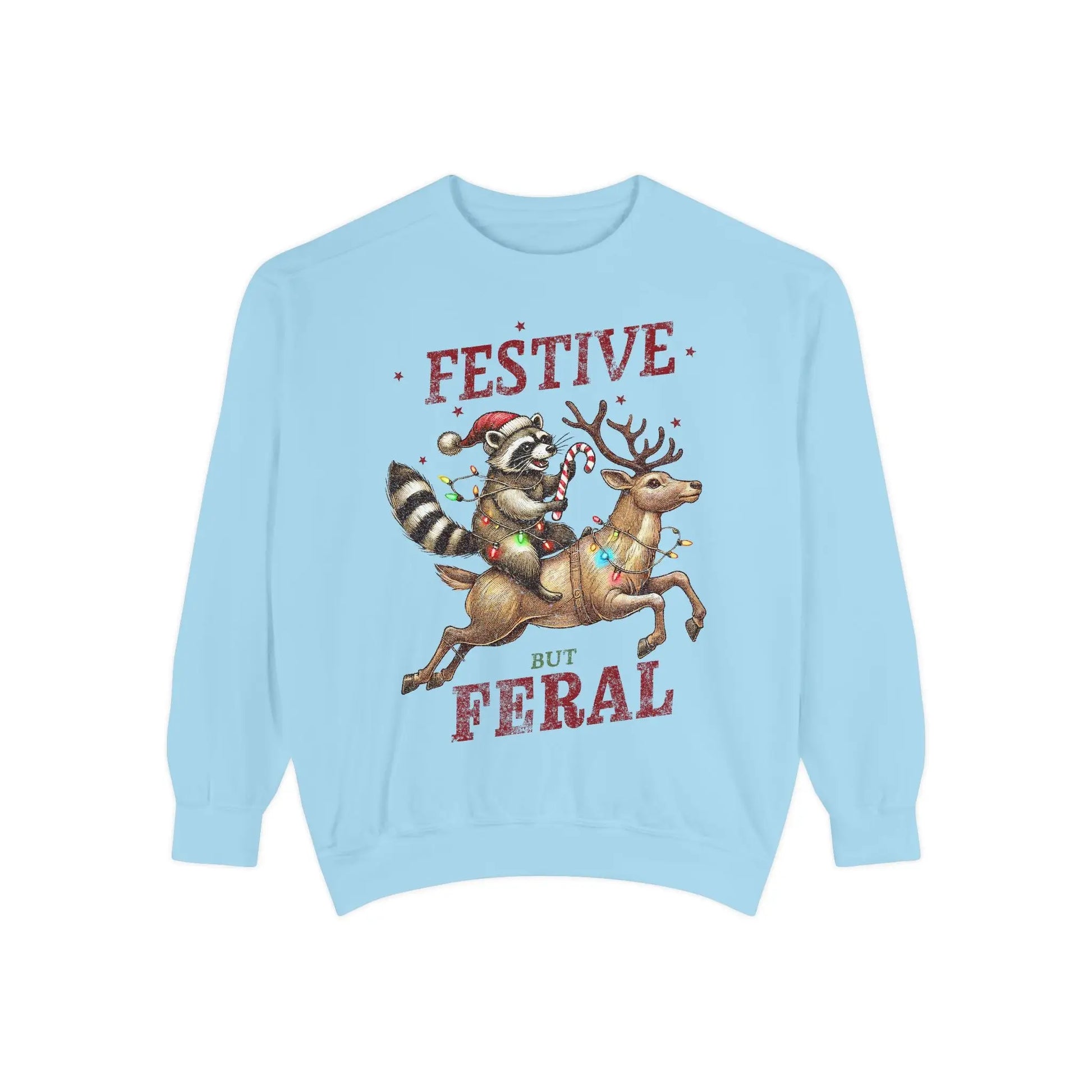 Festive But Feral Christmas Raccoon Sweatshirt Chambray / S Sweatshirts