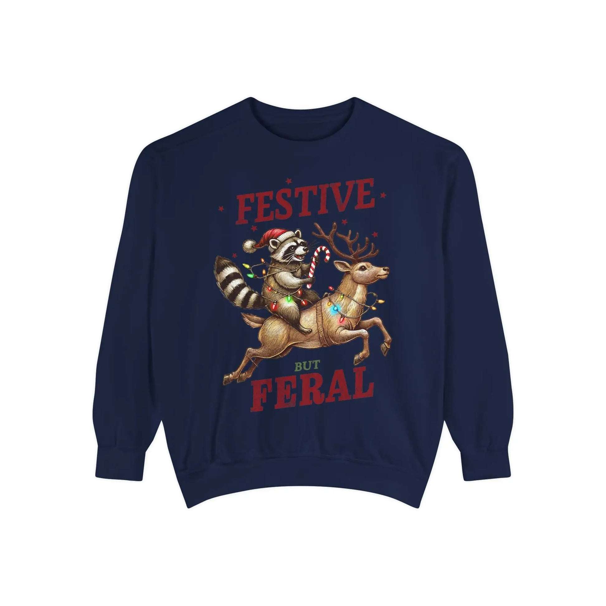 Festive But Feral Christmas Raccoon Sweatshirt True Navy / S Sweatshirts