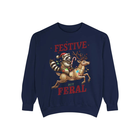 Festive But Feral Christmas Raccoon Sweatshirt True Navy / S Sweatshirts