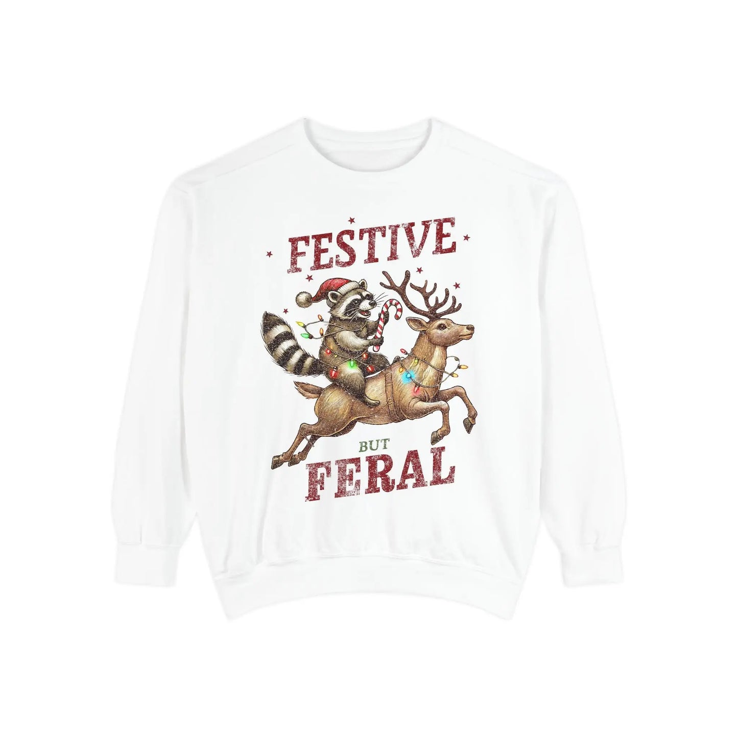 Festive But Feral Christmas Raccoon Sweatshirt White / S Sweatshirts