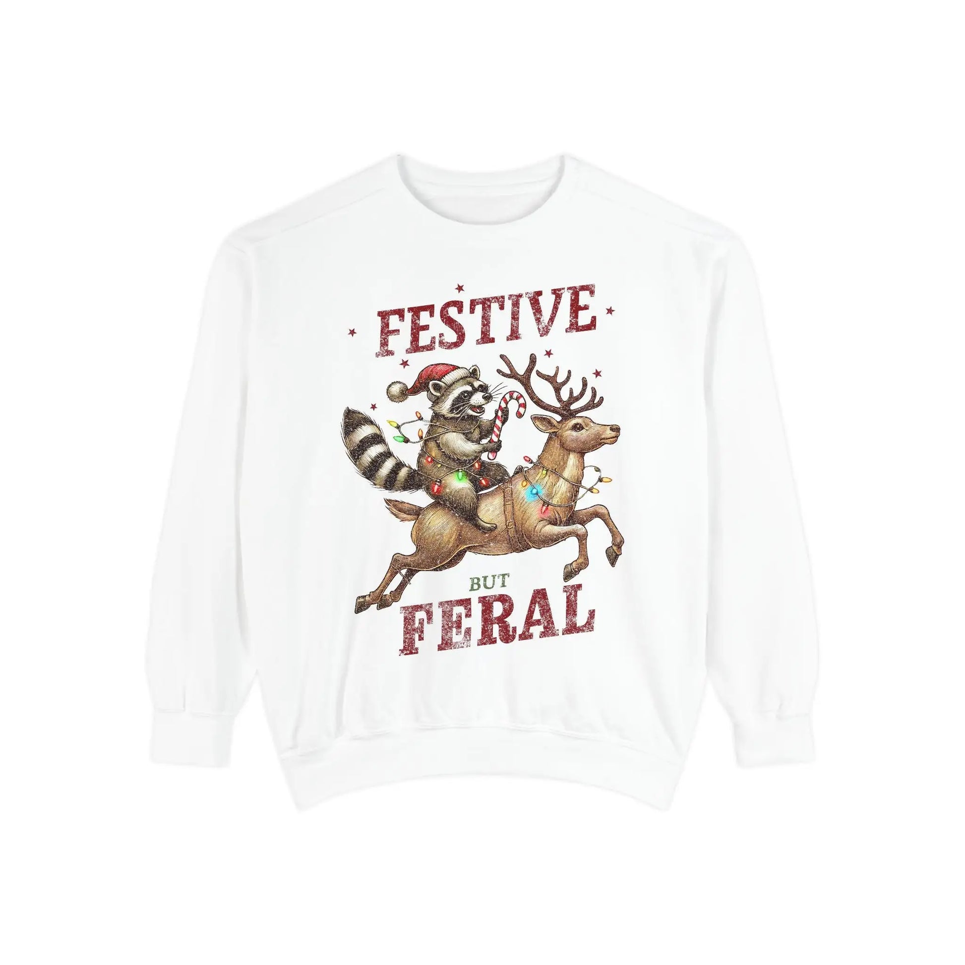 Festive But Feral Christmas Raccoon Sweatshirt White / S Sweatshirts